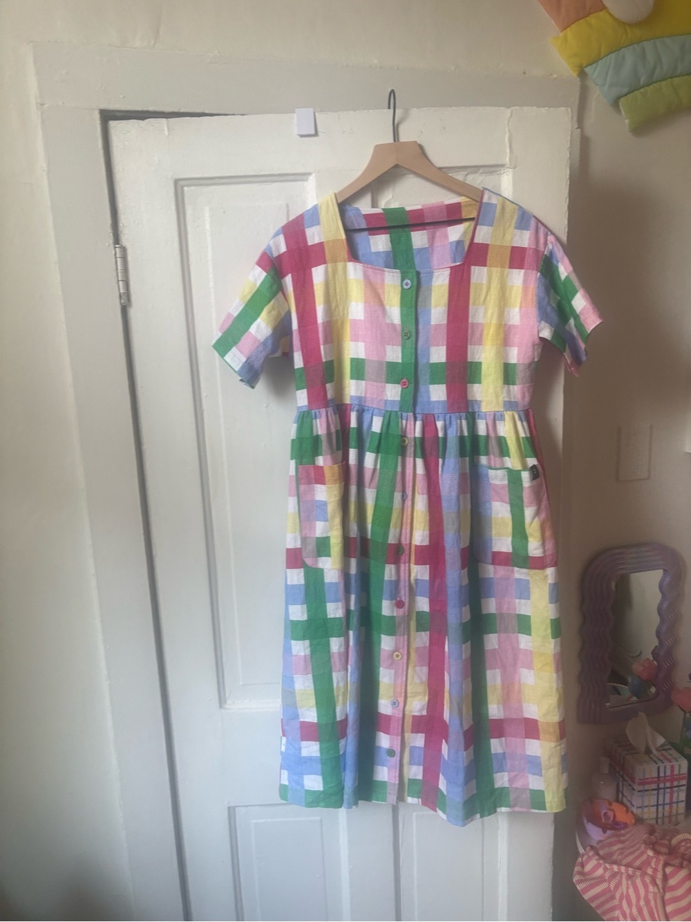 Lazy Oaf Multicolor Pastel Check in a Rush Smock Dress
